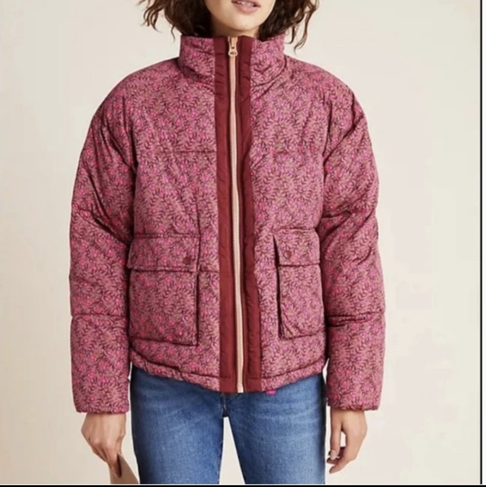 NWT Anthropologie Numph Lillie Floral Puffer Jacket in Rose/Tyrie